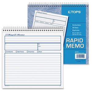 Tops Products 4151 Rapid Memo Book, Carbonless, 2-Part, 8-1/2"x7-3/4" by TOPS