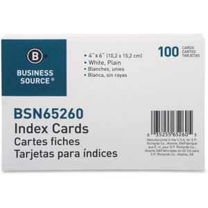 Business Source 65260 Index Cards, Plain, 90lb., 4"x6", 100/PK, White by Business Source