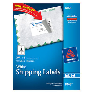 Avery 8168 Shipping Labels w/Ultrahold Ad & TrueBlock, Inkjet, 3 1/2 x 5, White, 100/Pack by AVERY-DENNISON