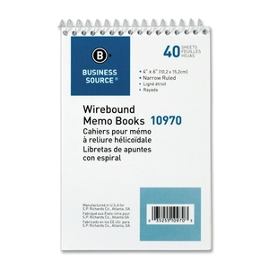 Business Source 10970 Wirebound Memo Book,End Opening,Wire,4"x6",40Shts,White by Business Source