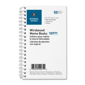 Business Source 10971 Wirebound Memo Books, Narrow Ruled, 50 Shts, 5"x3", White by Business Source