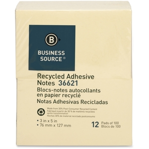 Business Source 36621 Recycled Adhesive Note Pads, 3"x5", 12/PK, Yellow by Business Source