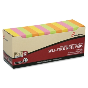 National Industries For the Blind 3857560 Self-Stick Note Pads,1-1/2"x2", Plain,100 Shts, AST Neon by SKILCRAFT