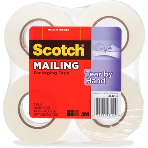 Tear-By-Hand Packaging Tape, 1.88" x 50 YD, 4/PK, Clear by Scotch