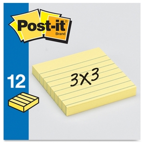 3M 630SS Post-it Notes, Lined, 3"x3", 100 Sheets/PD, 12/PK, Yellow by Post-it