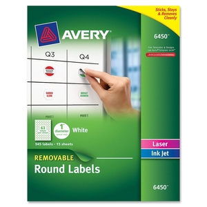 Avery 6450 Removable Round Labels, 1", 945/PK, White by Avery