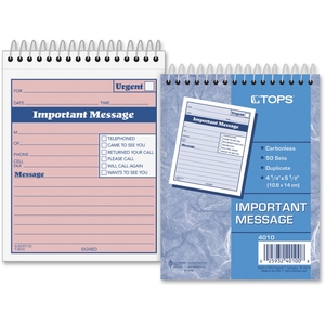 Tops Products 4010 Important Message Pad, 4-1/4"x6", 50 Sets, PK/CY Paper by TOPS