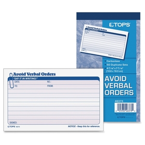 Tops Products 46373 Verbal Orders Book,Carbonless,2-Part,4-1/4"x7",50 Sets/BK by TOPS