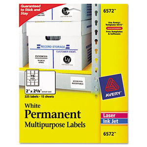 Avery 6572 Permanent ID Labels, Laser/Inkjet, 2 x 2 5/8, White, 225/Pack by AVERY-DENNISON