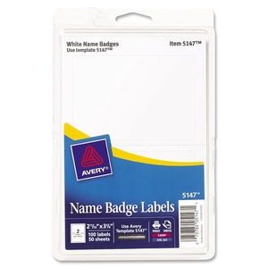 Avery 5147 Plain Name Badge, 2-11/32"x3-3/8", 100/PK, White by Avery