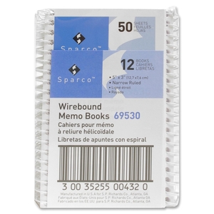 Sparco Products 69530 Wirebound Memo Book, Side Spiral, 50 Shts, 5"x3", White by Sparco