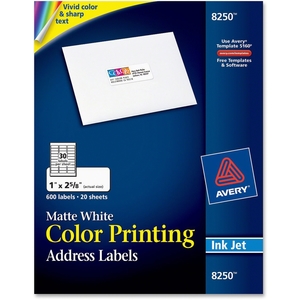 Avery 8250 Color Inkjet Labels,Matte,Rectangle,1-"x2-5/8",600/PK,WE by Avery