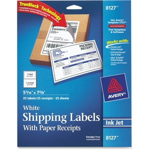 Avery 8127 Shipping Labels,Inkjet,w/ Receipt,5-1/16"x7-5/8", 25/PK,WE by Avery