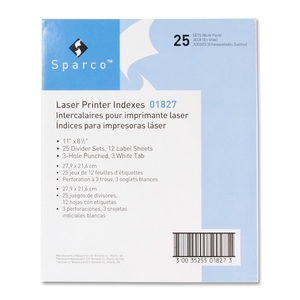 Sparco Products 01827 Laser Printer Indexes, Punched, 3-Tab, 25 ST/PK, White by Sparco