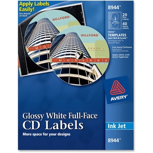 Avery 8944 Labels, CD, Inkjet Glossy, 20/Labels, 40/Inserts, White by Avery