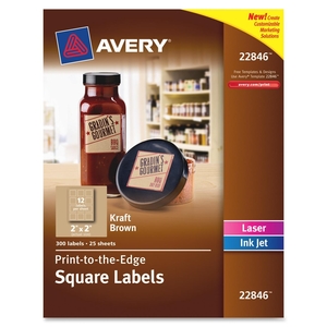 Square labels, Adh, 2", 300/PK, Kraft by Avery