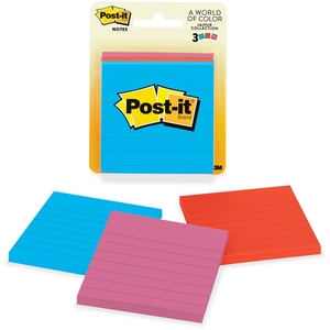 3M 6301 Post-It Notes,Lined,50/Sheets,3"x3",3/PK,Assorted by Post-it