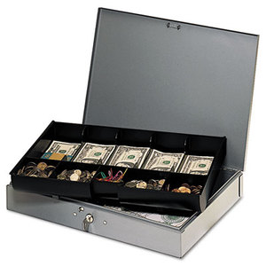 Extra-Wide Steel Cash Box w/10 Compartments, Key Lock, Gray by MMF INDUSTRIES