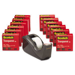 3M 600KC60 Transparent Tape Dispenser Value Pack, 1" Core, Black, 12/Pack by 3M/COMMERCIAL TAPE DIV.