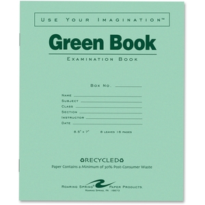 Roaring Spring Paper Products 77508 Exam Book,Wide Ruled,8 Sh/16 Pages,8-1/2"x7",50/PK,Green by Roaring Spring