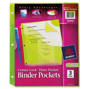 Elite Image 75312 3-Pocket Binder Pockets, 8-1/2"x11", 3/PK, Ast by Avery