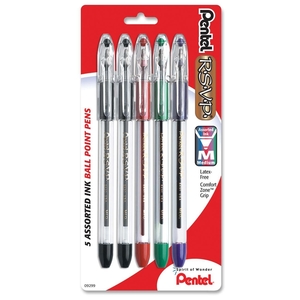 PENTEL OF AMERICA BK91BP5M Ballpoint Pen, Medium Point,5/PK,Asst. Ink/Clear Barrel by Pentel