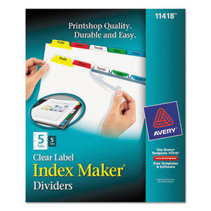 Avery 11418 Print & Apply Clear Label Dividers w/Color Tabs, 5-Tab, Letter, 5 Sets by AVERY-DENNISON