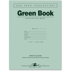 Roaring Spring Paper Products 77509EA Exam Book, Rcyld, Wide Ruled, 8/Shts, 11"x8-1/2", Green by Roaring Spring