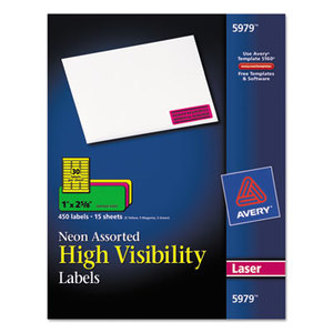 Avery 5979 High Visibility Rectangle Laser Labels, 1 x 2 5/8, Assorted Neons, 450/Pack by AVERY-DENNISON