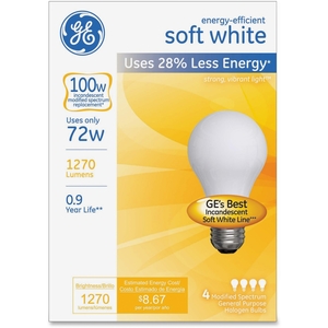 General Electric Company 66249 Halogen Bulb, Globe, 72W, 4/BX, White by GE