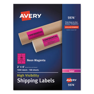 Avery 7278205974 Neon Shipping Label, Laser, 2 x 4, Neon Magenta, 1000/Box by AVERY-DENNISON