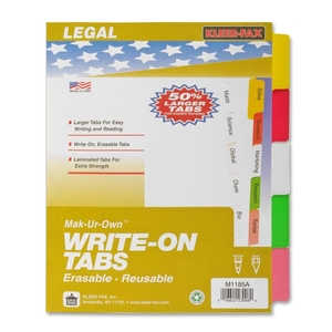 Kleer-Fax, Inc 23006 Write-On Tabs,Erasable,Reusable,3HP,5-Tabs,11"x8-1/2",Asst. by Kleer-Fax