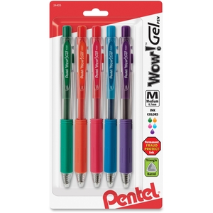 Pentel Wow! Gel Colors Clear Body Retractable Gel Pen Asst .7mm 5 Pk BP by Pentel