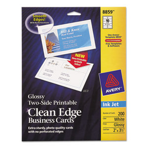 Avery 8859 Two-Sided Clean Edge Business Cards, Inkjet, 2 x 3 1/2, Glossy White, 200/Pack by AVERY-DENNISON