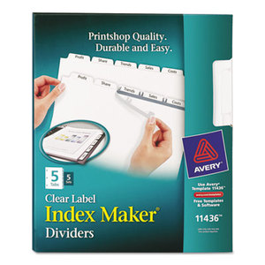 Avery 11436 Print & Apply Clear Label Dividers w/White Tabs, 5-Tab, Letter, 5 Sets by AVERY-DENNISON