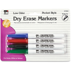 Charles Leonard, Inc 47804 Dry-Erase Markers, Pocket Style, 4/Pk, Ast by CLI