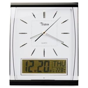 Quartz Wall Clock, LCD Inset, 14-1/2"x11-3/4", Black/Silver by Tatco