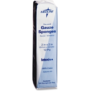 Medline Industries, Inc NON25212 Gauze Sponges, Nonsterile, 2"x2", 12-Ply, 200/PK, White by Medline