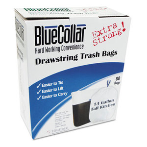 Drawstring Trash Bags, 13gal, .80mil, 24 x 28, White, 80/Box by HERITAGE
