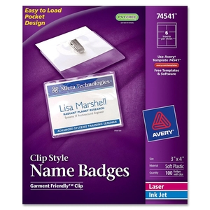 Avery CC10-4C Name Badges,w/ Clip,Top Load,3"x4",100/BX,White by Avery