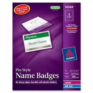 Avery CB7-OC Name Badge Kit,Easy Pkt,Pin,Top Load,2-1/4"x3-1/2",100/BX,WE by Avery