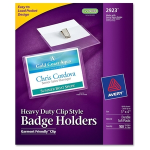 Avery 2923 Badge Holder w/ Clip,Landscape,4"x3", Badge,100/BX,CL by Avery