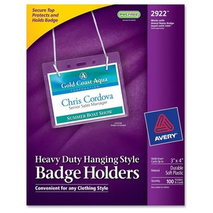 Avery 2922 Badge Holder,Landscape,w/Neck Cord,4"x3",100/BX,Clear by Avery