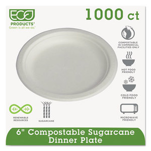 Compostable Sugarcane Dinnerware, 6" Plate, Natural White, 1000/Carton by ECO-PRODUCTS,INC.