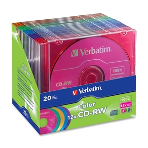 Verbatim America, LLC 96685 CD-RW Discs, 12X, 700B/80min, 20/PK Slim Case/Asst by Verbatim