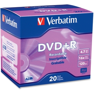 Verbatim America, LLC 95038 DVD+R W/Case, 4.7GB, 120 Min Video,16X, 20/PK by Verbatim