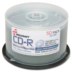 National Industries For the Blind 5214221 Recordable CD, 700MB, 52X.80min Cap, Spindle/Silver by SKILCRAFT