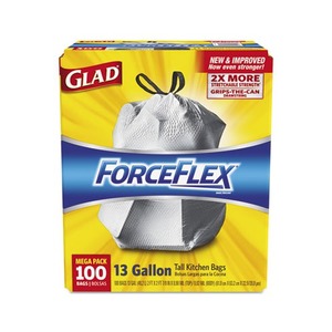 ForceFlex Tall Kitchen Drawstring Bags, 13 gal, .90mil, 24x25 1/8 White 100/Bx by CLOROX SALES CO.