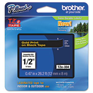 TZe Standard Adhesive Laminated Labeling Tape, 1/2w, Gold on Black by BROTHER INTL. CORP.