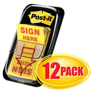 Arrow Message 1" Page Flags,  "Sign Here", Yellow, 12 50-Flag Dispensers/Pk by 3M/COMMERCIAL TAPE DIV.